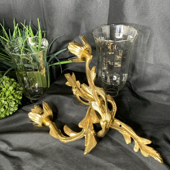 Large Vintage Brass French Louis XV Style Candlestick Wall Scones with glass - Picture 8 of 11